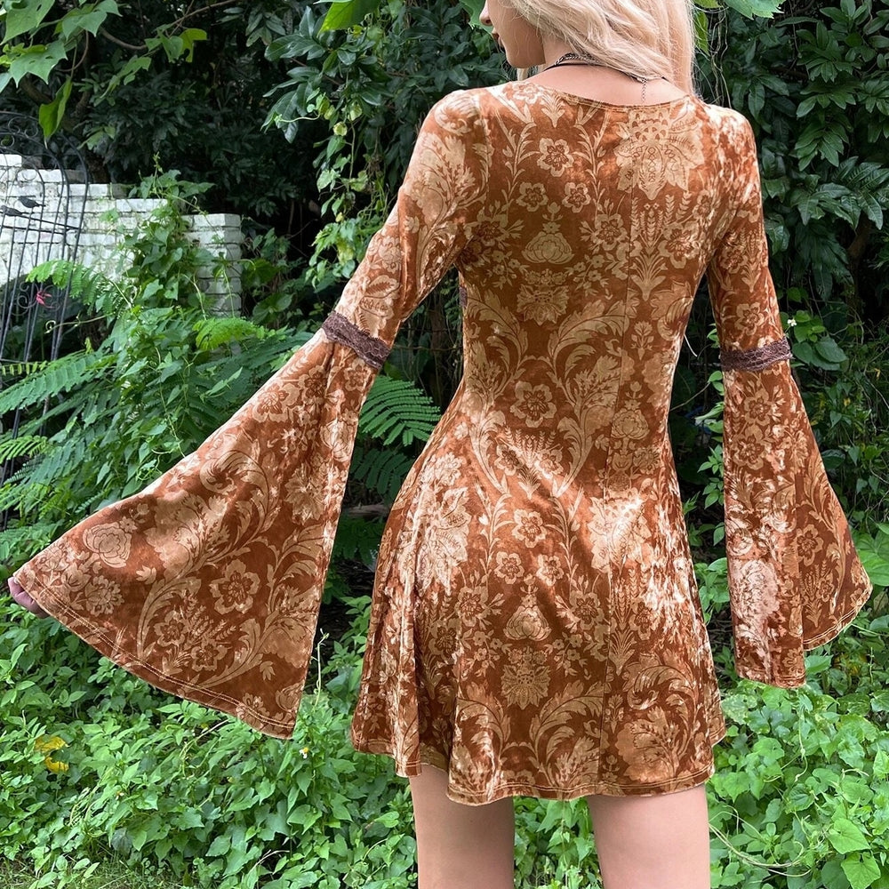 Grunge Floral Print Lace Trim Flounce Sleeve Dress Image 2