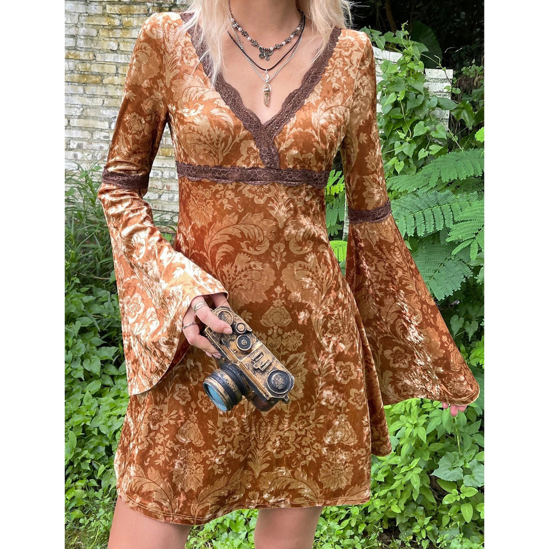 Grunge Floral Print Lace Trim Flounce Sleeve Dress Image 4