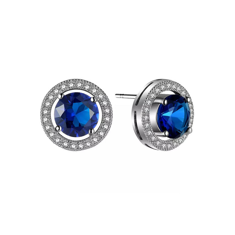 14k White Gold Plated 4 Ct Round Created Blue Crystal Halo Stud Earrings Image 1