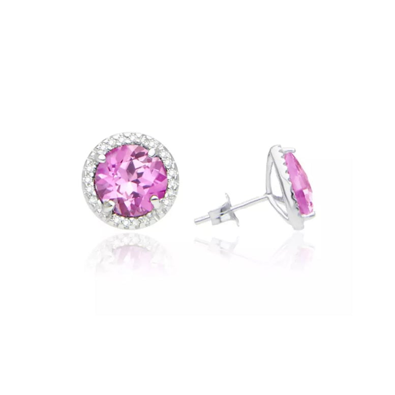 14k White Gold Plated 1-2 Ct Round Created Tourmaline Halo Stud Earrings Image 1