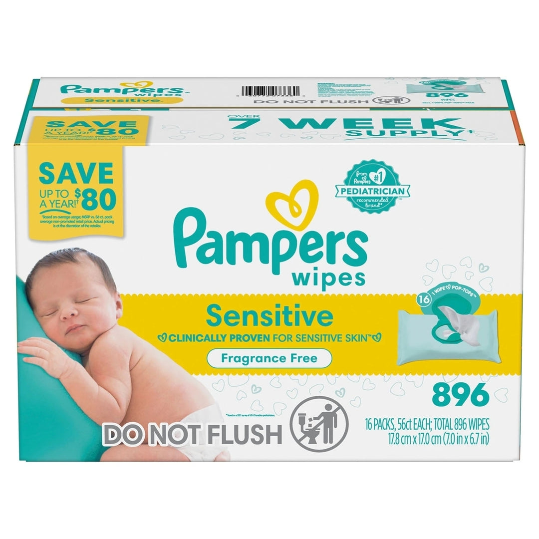 Pampers Sensitive Baby Wipes, Perfume Free Pop-Top Packs (896 Count) Image 2