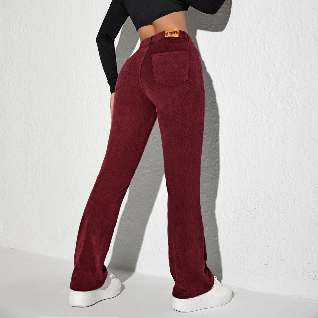 Letter Patched Flare Leg Corduroy Pants Image 8