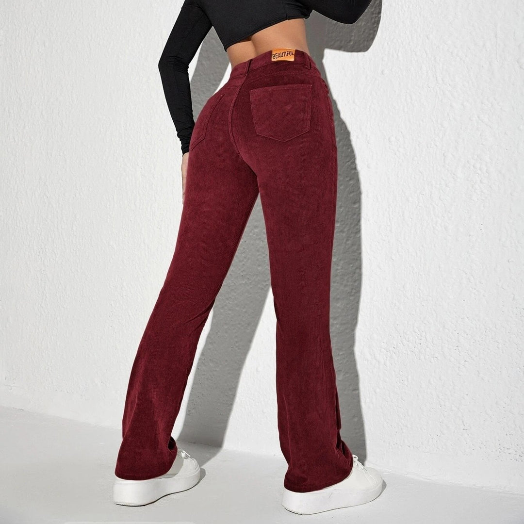 Letter Patched Flare Leg Corduroy Pants Image 1