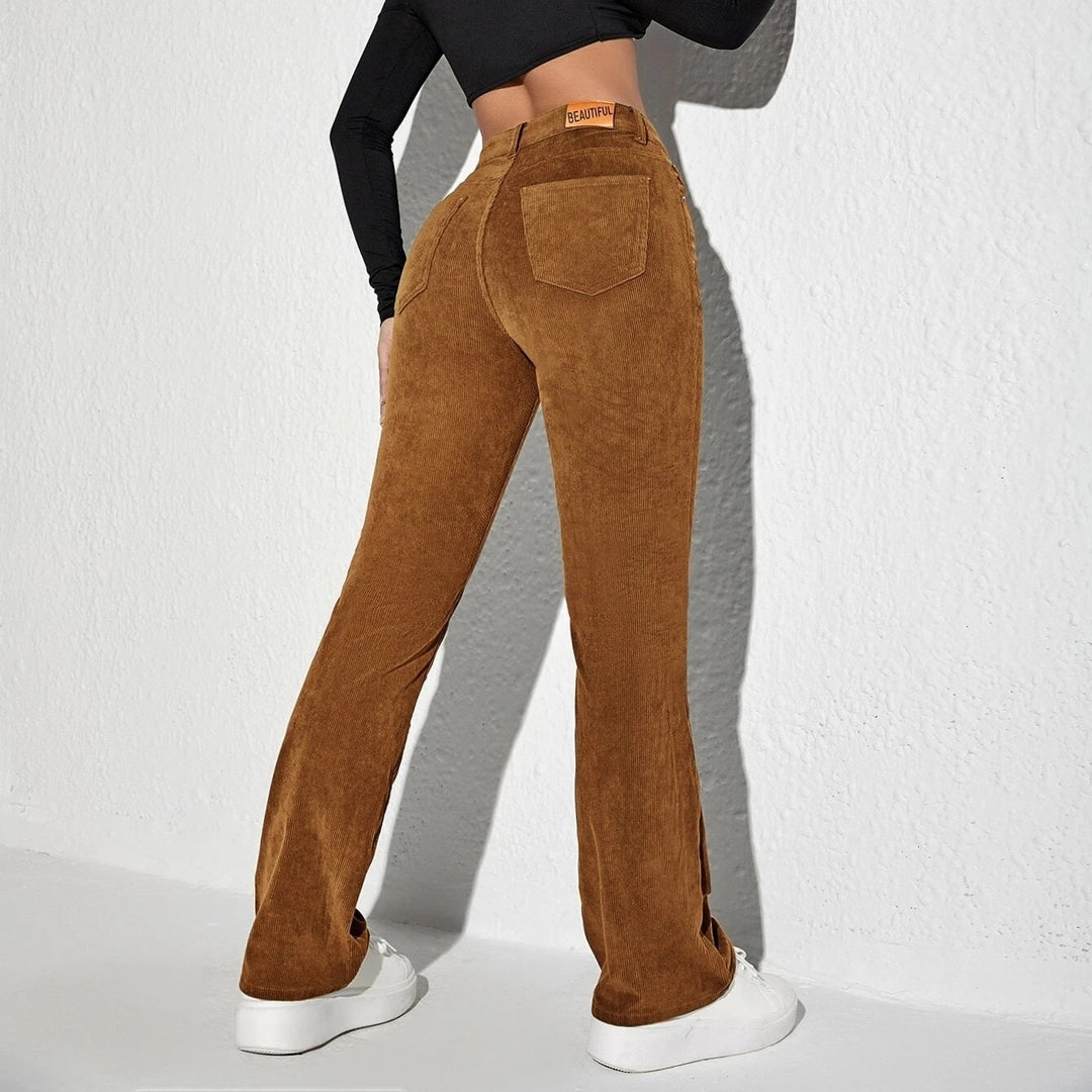 Letter Patched Flare Leg Corduroy Pants Image 9