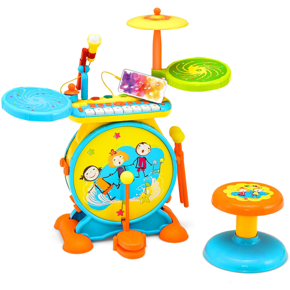 2-in-1 Kids Electronic Drum Kit Music Instrument Toy w/ Keyboard Microphone Image 2