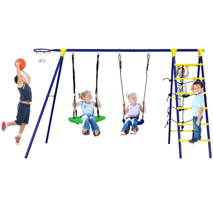 5-In-1 Kids Swing Set for Outdoor W/ Heavy Duty Frame Basketball Hoop and Climbing Ladder Image 10