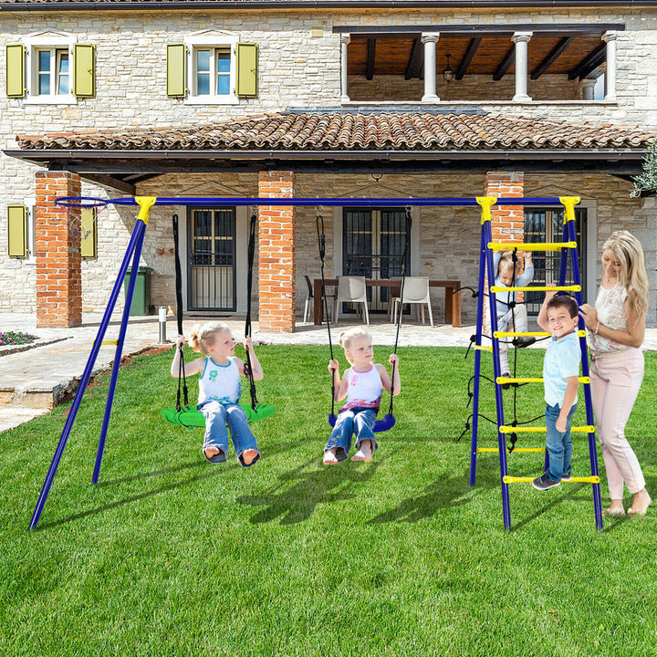 5-In-1 Kids Swing Set for Outdoor W/ Heavy Duty Frame Basketball Hoop and Climbing Ladder Image 3