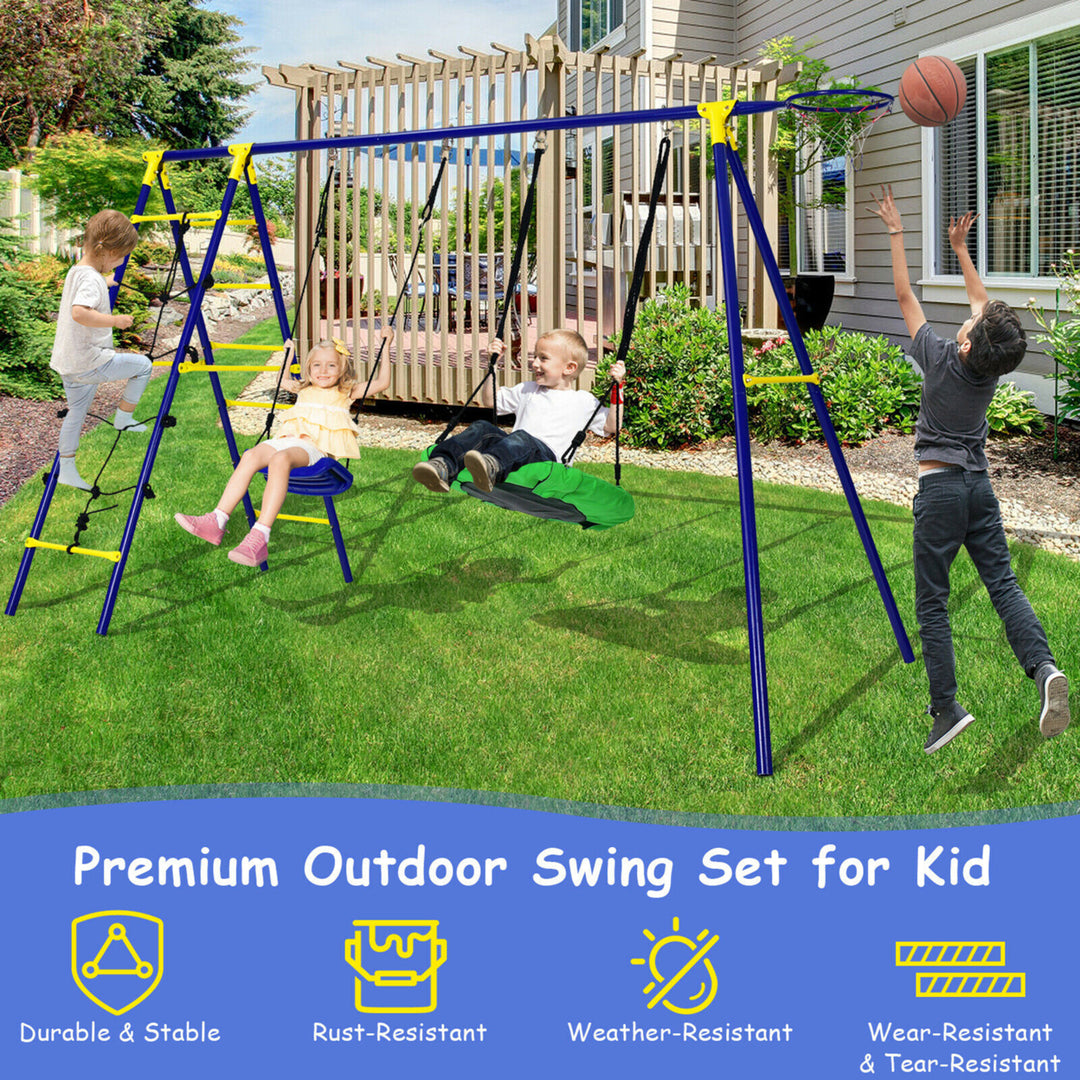 5-In-1 Kids Swing Set for Outdoor W/ Heavy Duty Frame Basketball Hoop and Climbing Ladder Image 4