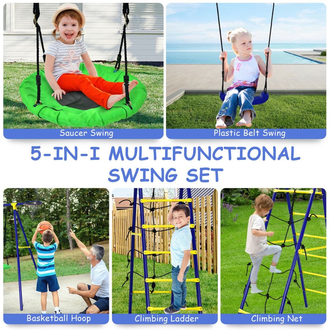 5-In-1 Kids Swing Set for Outdoor W/ Heavy Duty Frame Basketball Hoop and Climbing Ladder Image 4