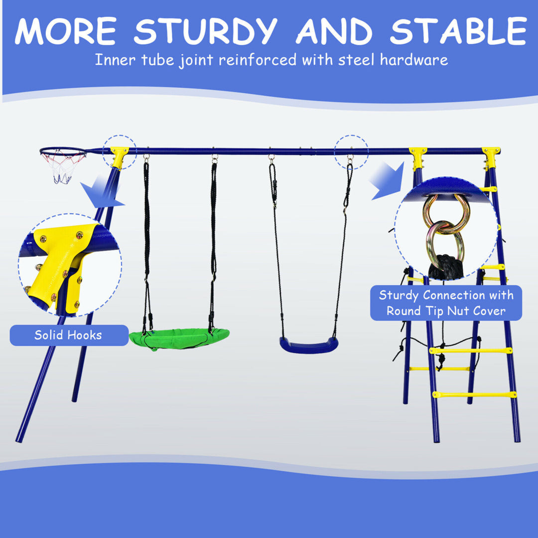 5-In-1 Kids Swing Set for Outdoor W/ Heavy Duty Frame Basketball Hoop and Climbing Ladder Image 7
