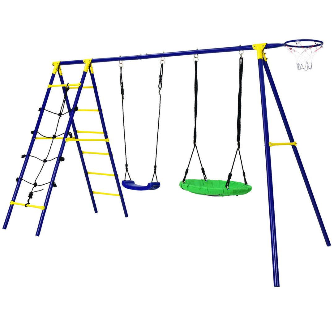 5-In-1 Kids Swing Set for Outdoor W/ Heavy Duty Frame Basketball Hoop and Climbing Ladder Image 9