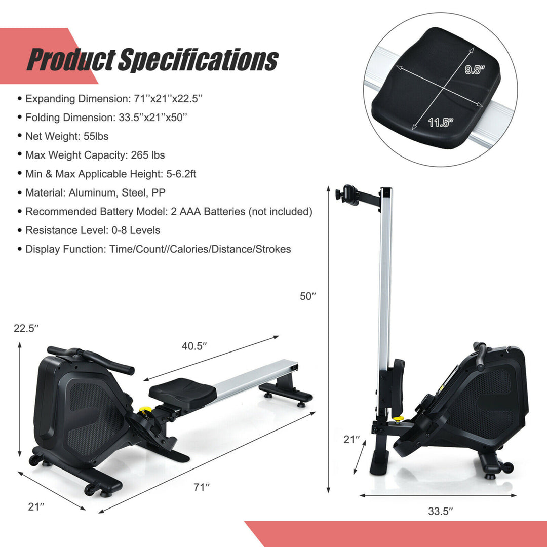 Folding Magnetic Rowing Machine W/Monitor Aluminum Rail 8 Adjustable Resistance Image 2