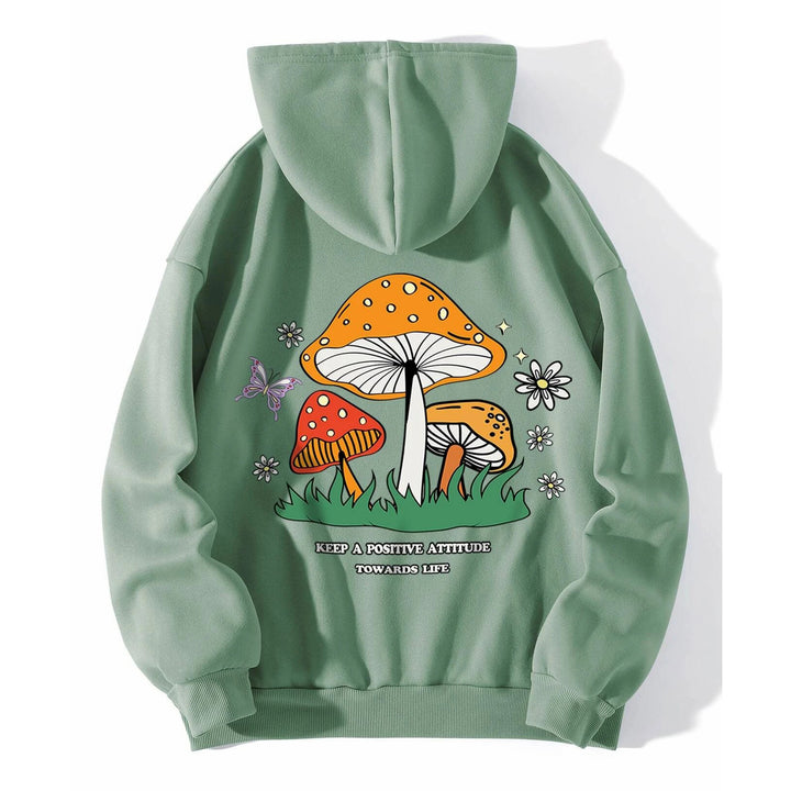 Mushroom And Slogan Graphic Kangaroo Pocket Thermal Lined Drawstring Hoodie Image 3