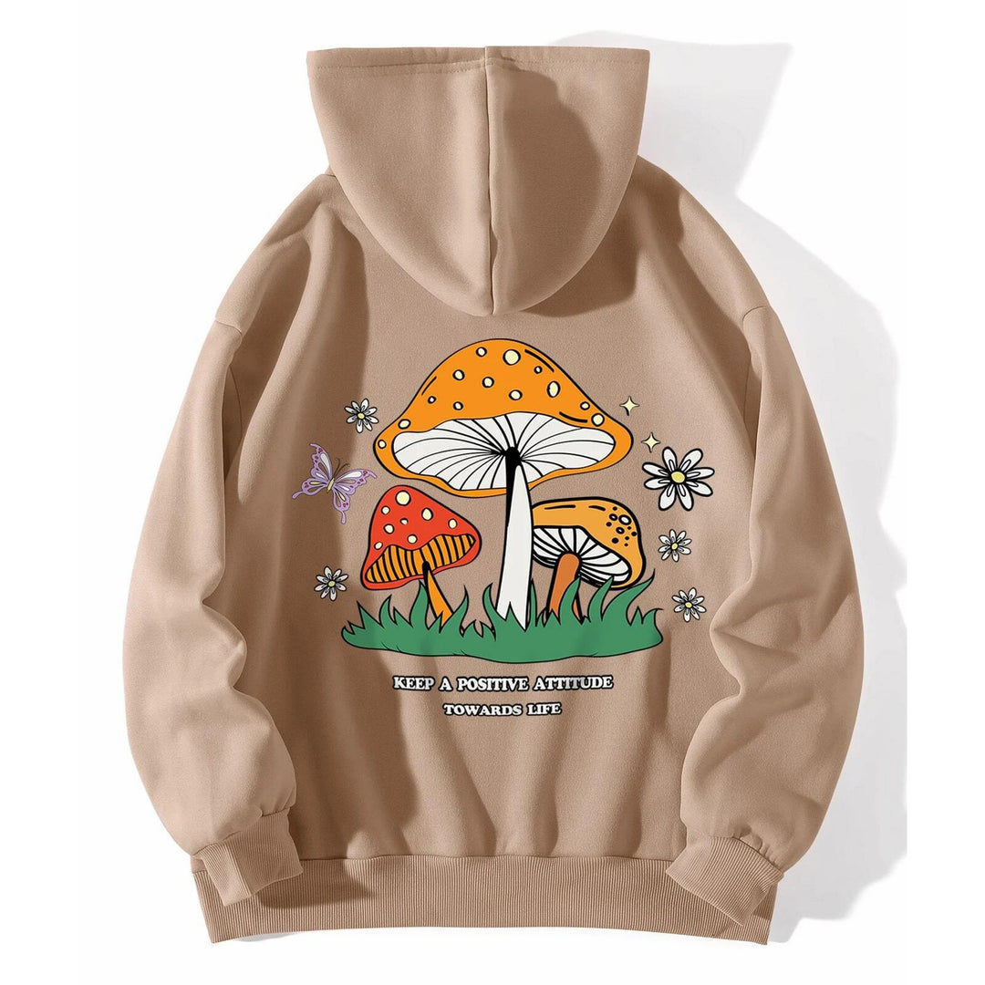 Mushroom And Slogan Graphic Kangaroo Pocket Thermal Lined Drawstring Hoodie Image 4