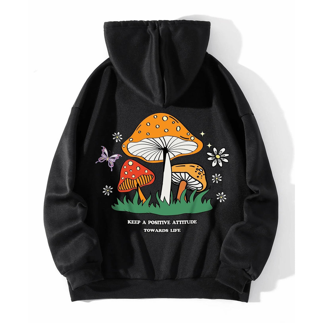 Mushroom And Slogan Graphic Kangaroo Pocket Thermal Lined Drawstring Hoodie Image 4