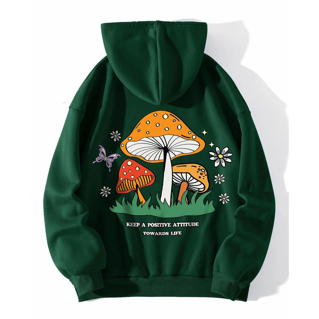 Mushroom And Slogan Graphic Kangaroo Pocket Thermal Lined Drawstring Hoodie Image 1