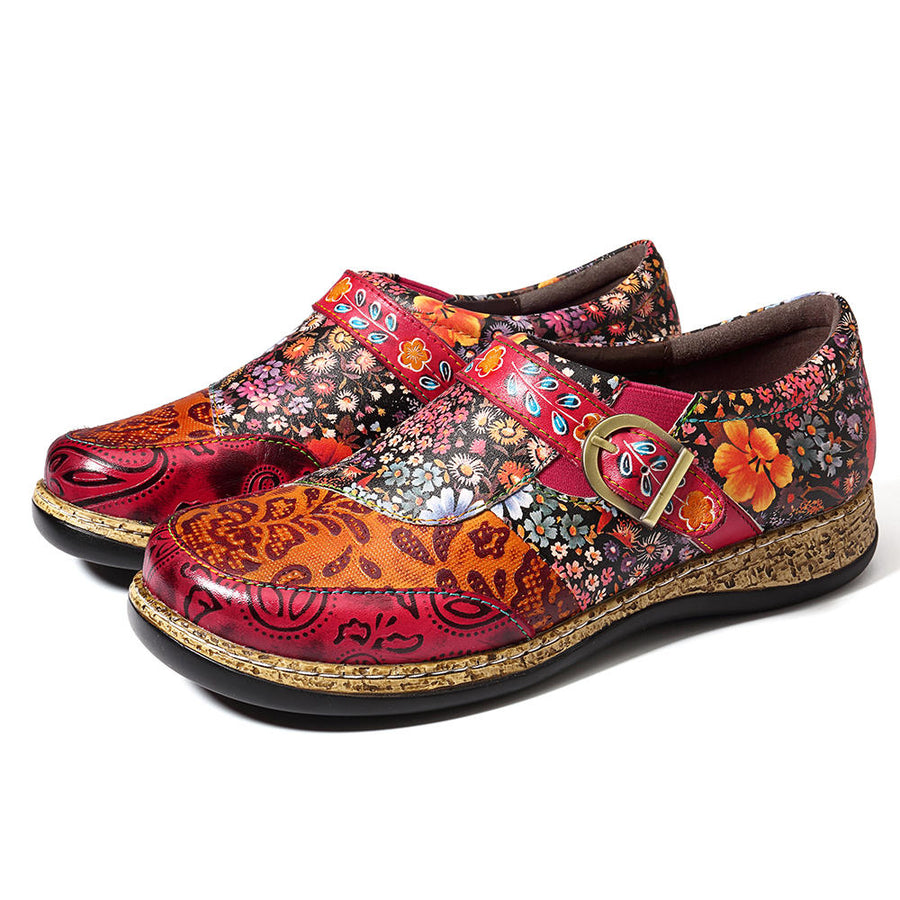 Handmade Stitching Flowers Pattern Leather Flats Shoes Image 1