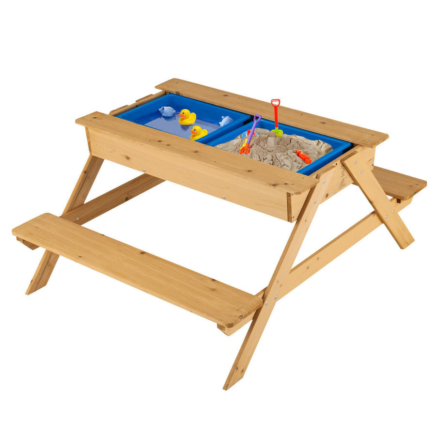 3 in 1 Kids Picnic Table Wooden Outdoor Water Sand Table w/ Play Boxes Image 1