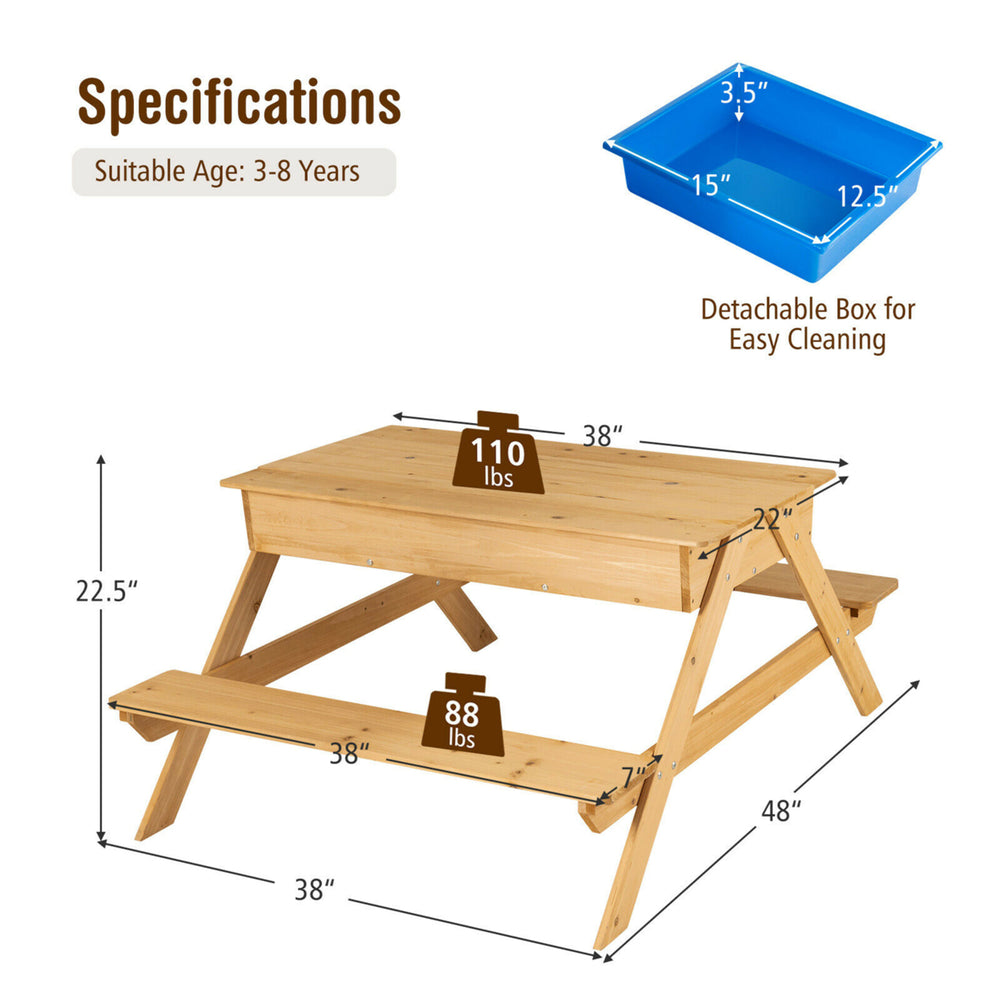 3 in 1 Kids Picnic Table Wooden Outdoor Water Sand Table w/ Play Boxes Image 2