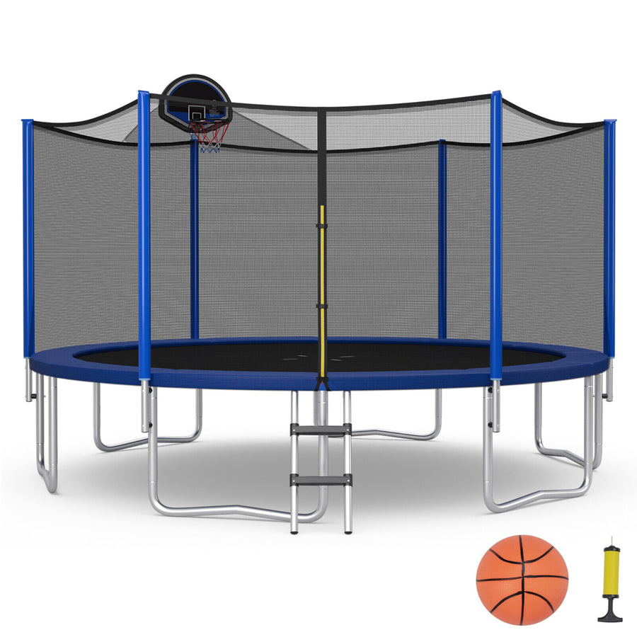 16FT Outdoor Large Trampoline Safety Enclosure Net w/ Basketball Hoop Ladder Image 1
