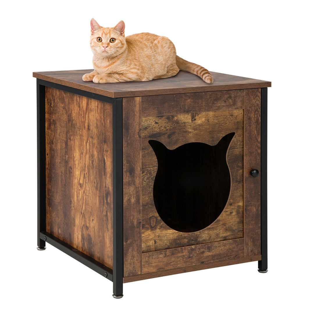 Cat Litter Box Enclosure w/ Metal Frame and Adjustable Feet Brown Image 1