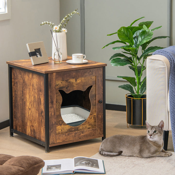 Cat Litter Box Enclosure w/ Metal Frame and Adjustable Feet Brown Image 3