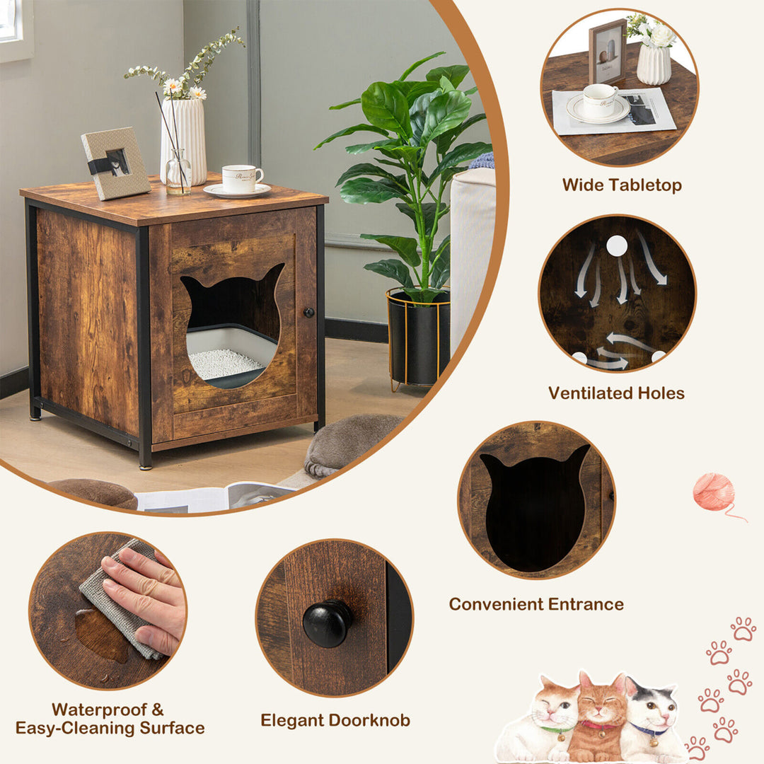 Cat Litter Box Enclosure w/ Metal Frame and Adjustable Feet Brown Image 9