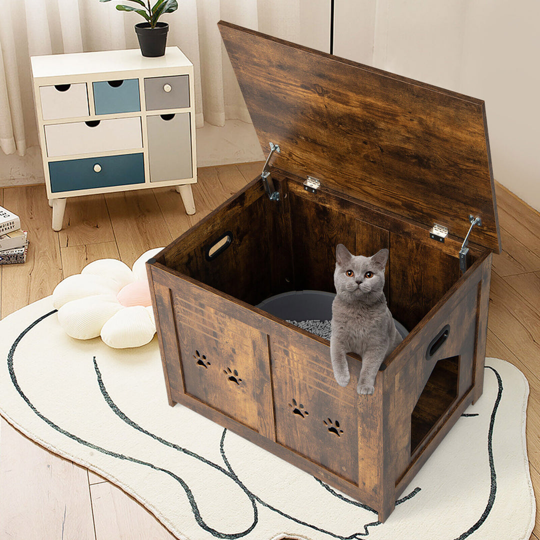 Wooden Cat Litter Box Enclosure Flip-Top Hidden Washroom Bench w/ Side Entrance Image 3