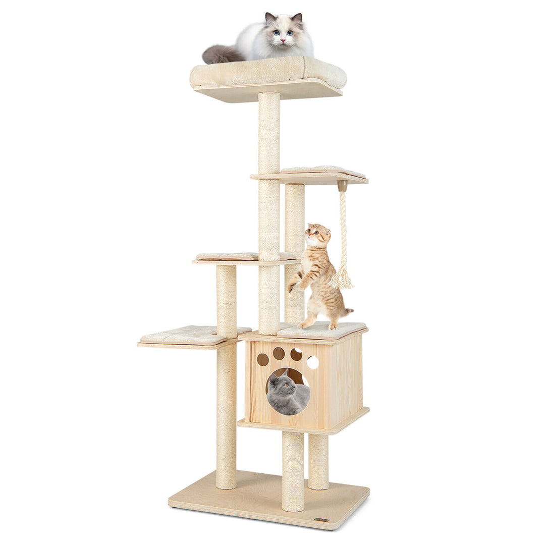 67 in Multi-level Cat Tower w/ Top Perch and Wood Condo Modern Cat Tree Image 1