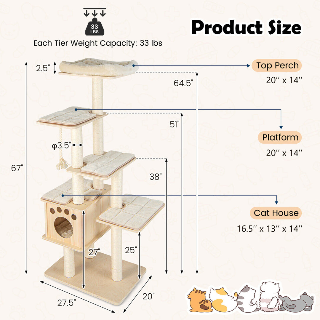 67 in Multi-level Cat Tower w/ Top Perch and Wood Condo Modern Cat Tree Image 2