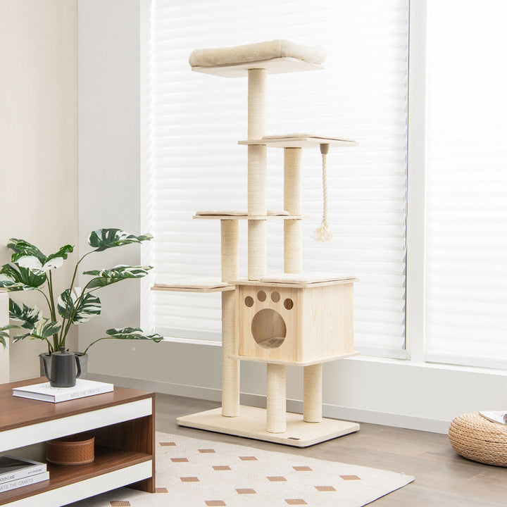 67 in Multi-level Cat Tower w/ Top Perch and Wood Condo Modern Cat Tree Image 3