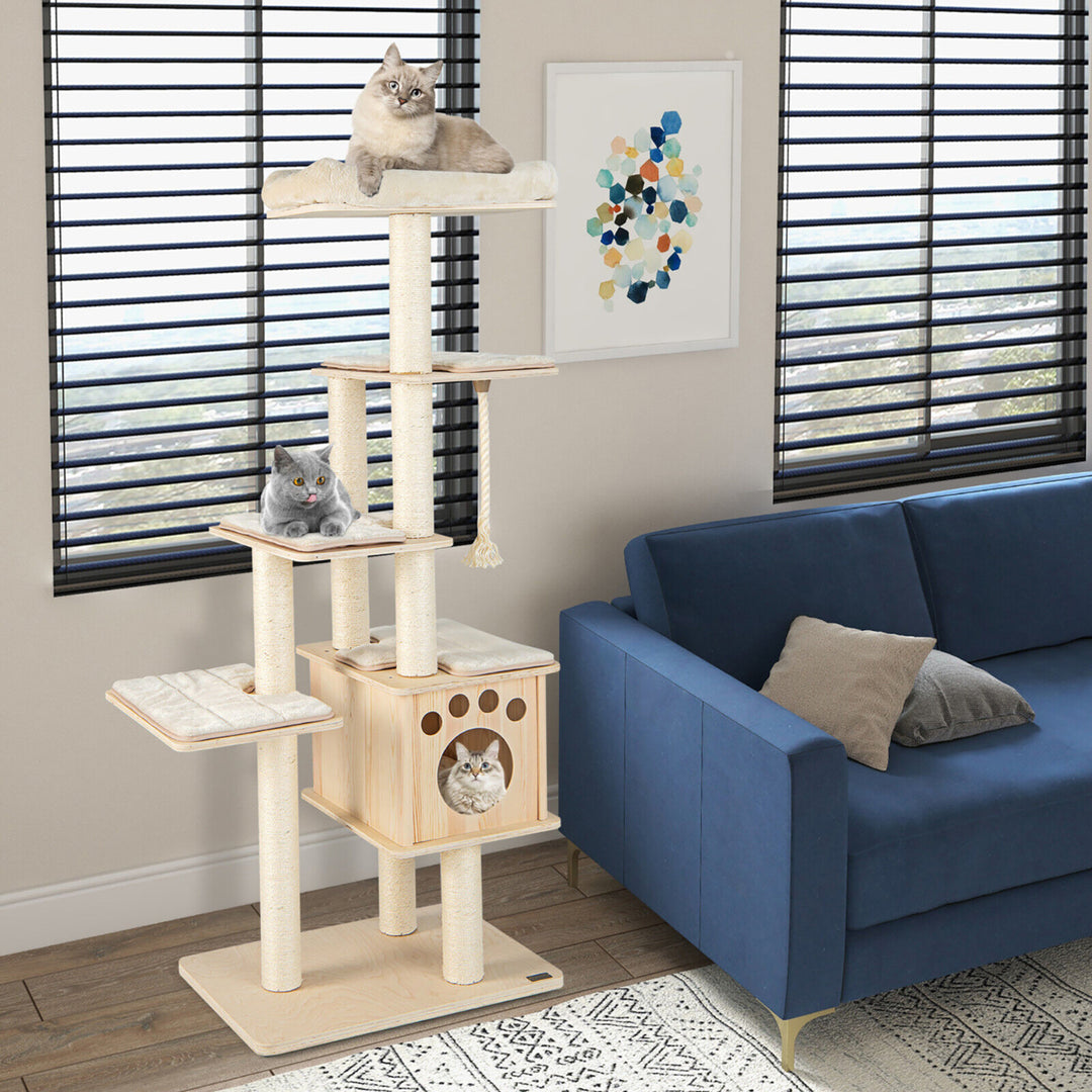 67 in Multi-level Cat Tower w/ Top Perch and Wood Condo Modern Cat Tree Image 4