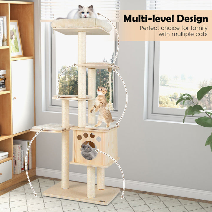 67 in Multi-level Cat Tower w/ Top Perch and Wood Condo Modern Cat Tree Image 4