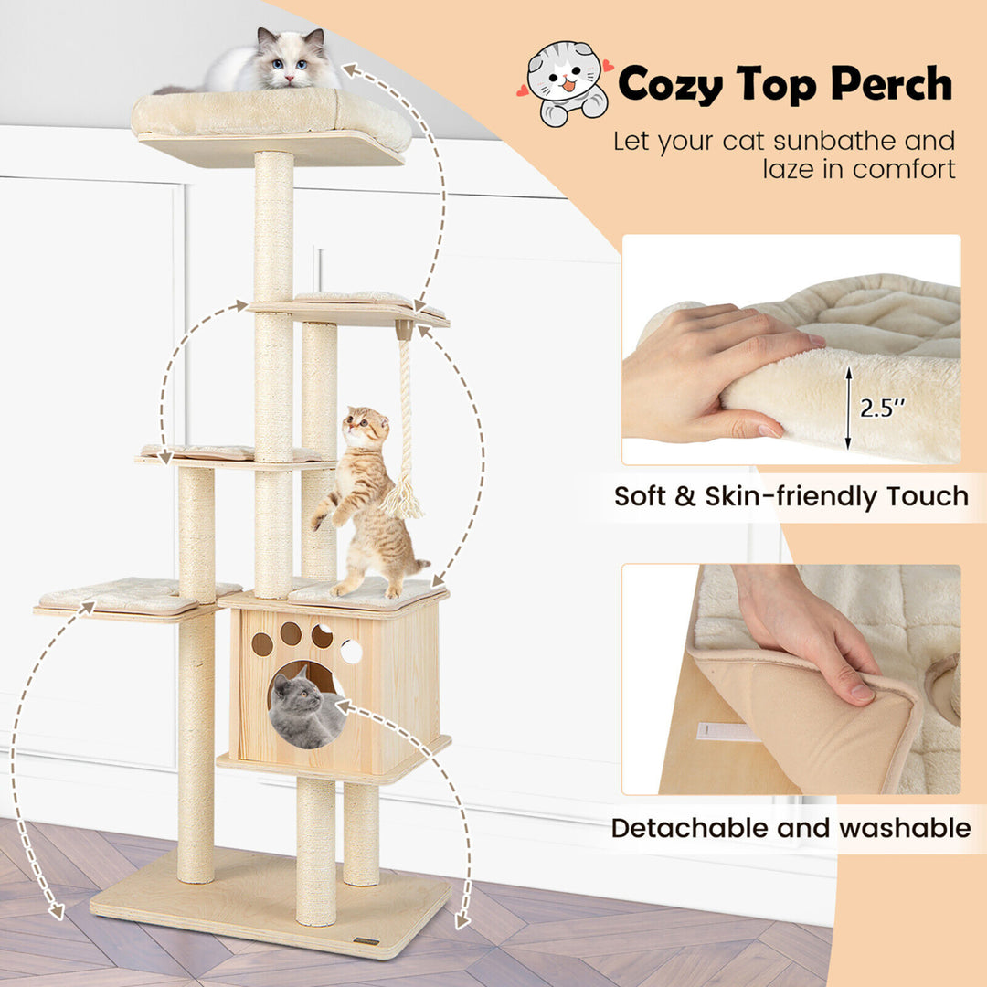 67 in Multi-level Cat Tower w/ Top Perch and Wood Condo Modern Cat Tree Image 7