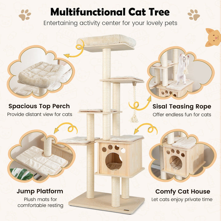 67 in Multi-level Cat Tower w/ Top Perch and Wood Condo Modern Cat Tree Image 8