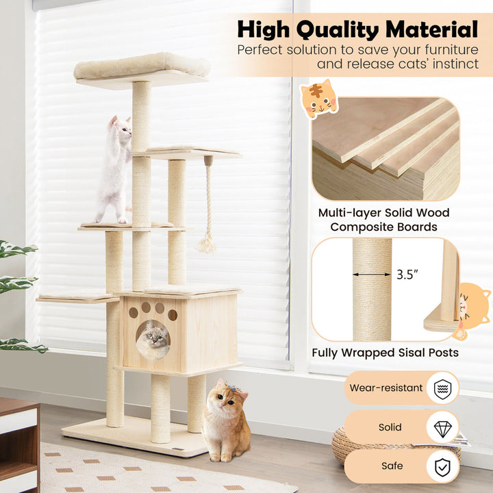 67 in Multi-level Cat Tower w/ Top Perch and Wood Condo Modern Cat Tree Image 10