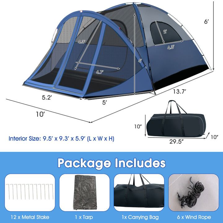 6-Person Large Family Camping Dome Tent W/ Screen Room Porch and Removable Rainfly Image 9