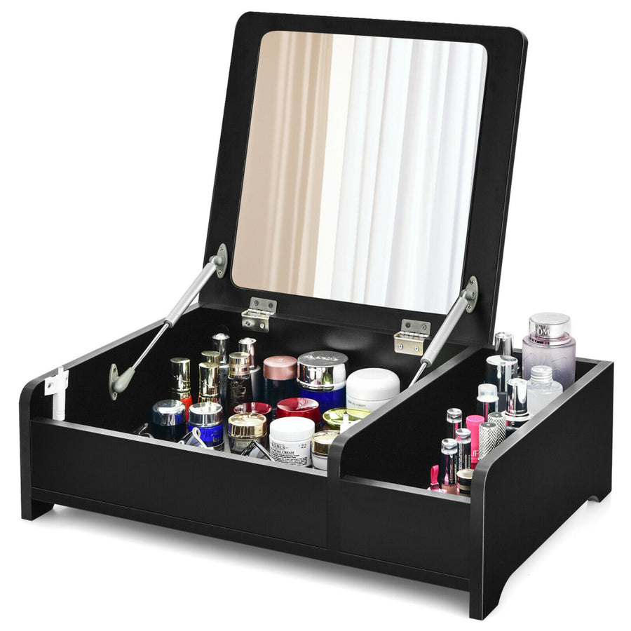 2-in-1 Vanity Dresser w/ Flip-Top Mirror Tabletop Storage Box Makeup Laptop Black Image 1
