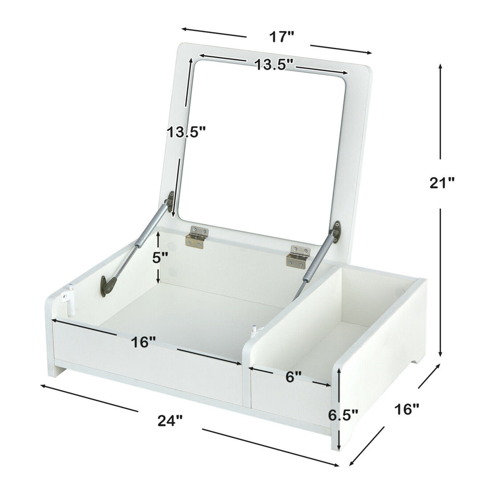 2-in-1 Vanity Dresser w/ Flip-Top Mirror Tabletop Storage Box Makeup Laptop White Image 2