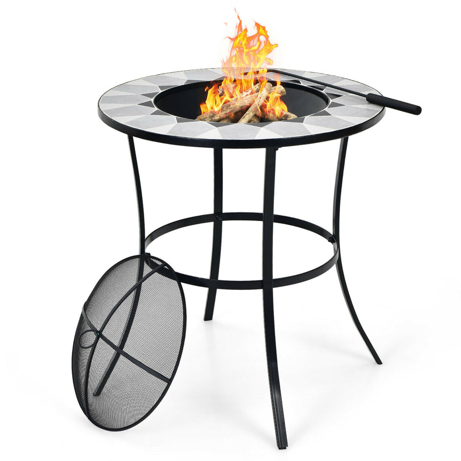 23.5 Round Fire Pit Table Wood Burning Heater W/ Mesh Cover and Fire Poker Image 1