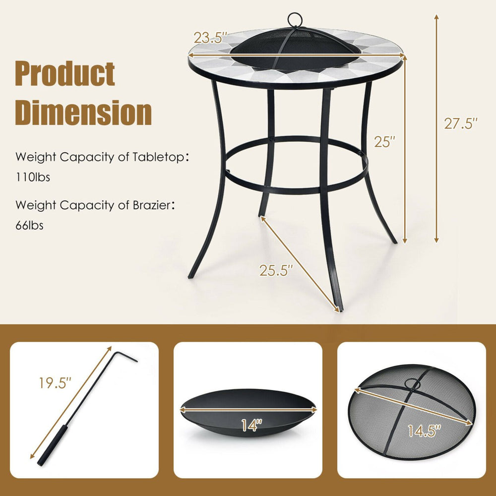23.5 Round Fire Pit Table Wood Burning Heater W/ Mesh Cover and Fire Poker Image 2
