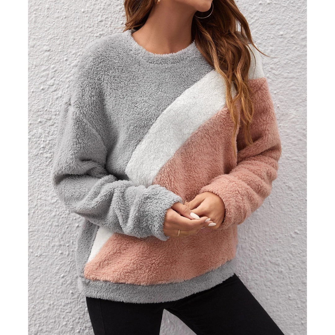 Color Block Drop Shoulder Teddy Sweatshirt Image 3