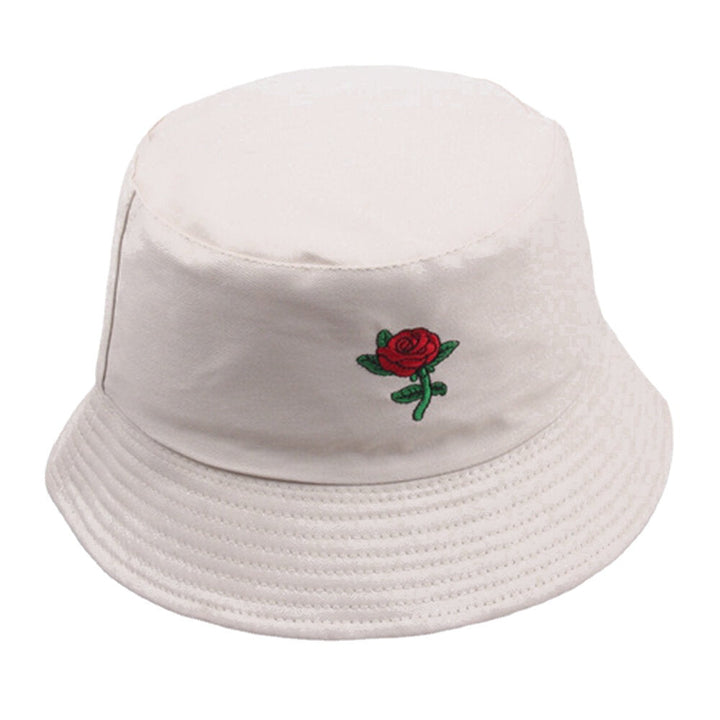 Unisex Cartoon Rose Embroidery Twill Cap Outdoor Suncreen Sunshade Bucket Hat DTTT Image 1