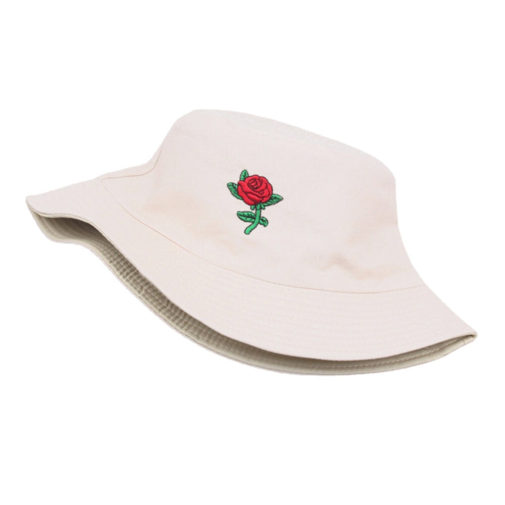 Unisex Cartoon Rose Embroidery Twill Cap Outdoor Suncreen Sunshade Bucket Hat DTTT Image 2