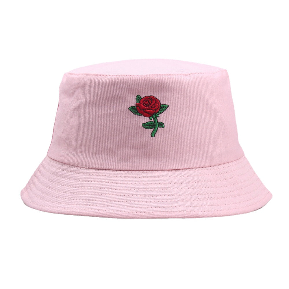 Unisex Cartoon Rose Embroidery Twill Cap Outdoor Suncreen Sunshade Bucket Hat DTTT Image 4