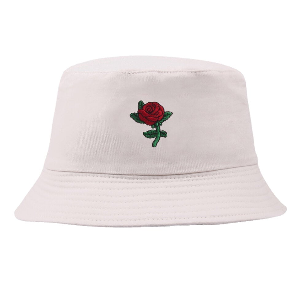 Unisex Cartoon Rose Embroidery Twill Cap Outdoor Suncreen Sunshade Bucket Hat DTTT Image 1