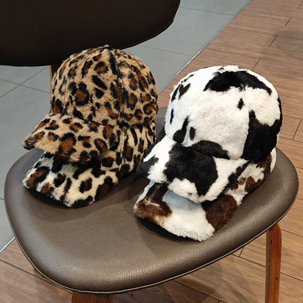 Unisex Plush Plus Thicken Leopard Pattern Warm Soft All-match Baseball Hat DTTT Image 4