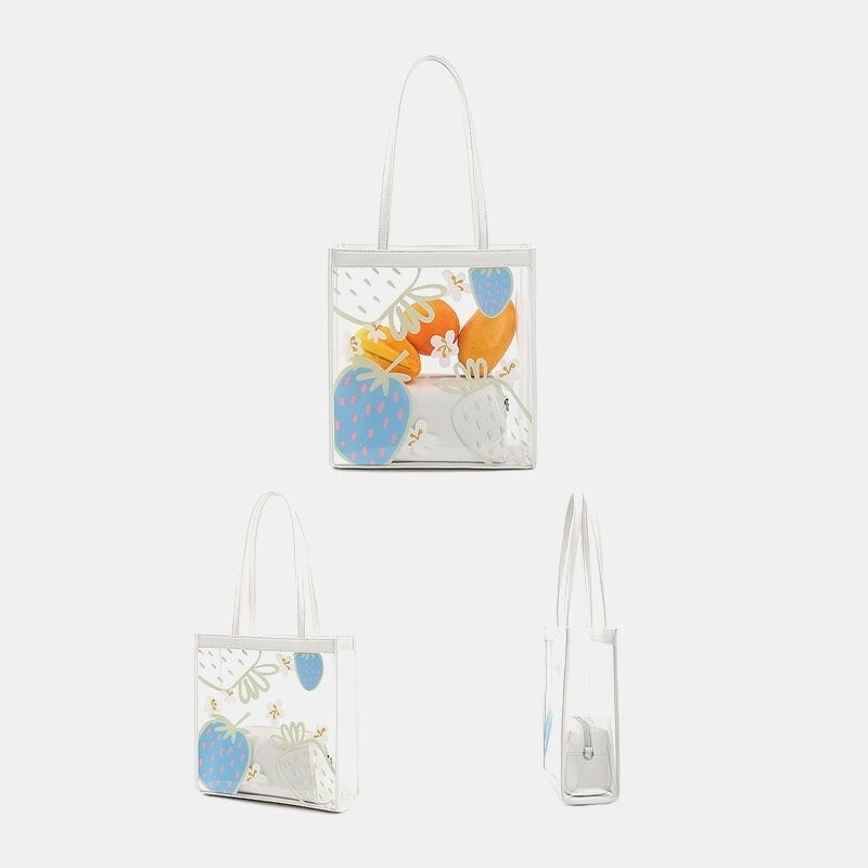 Women 2Pcs Waterproof Transparent Print Fruit PVC Multi-Carry Handbag Tote Image 2