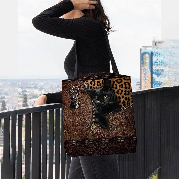 Women 3D Three-dimensional Cartoon Black Cat Pendant Pattern Shoulder Bag Handbag Tote- PPT DTTT Image 4