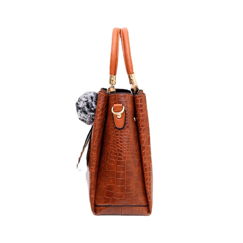 Women 4PCS Casual Handbag Solid Crocodile Pattern Fluffy Ball Shoulder Bag Image 2